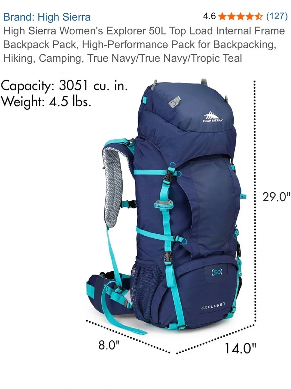High Sierra True Navy/Tropic Teal Women's Explorer 50L Backpack